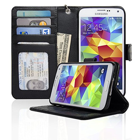 Navor Samsung Galaxy S5 / SV Book Style Folio Wallet PU Leather Case with Four Card Pockets and Money Slot (Black)