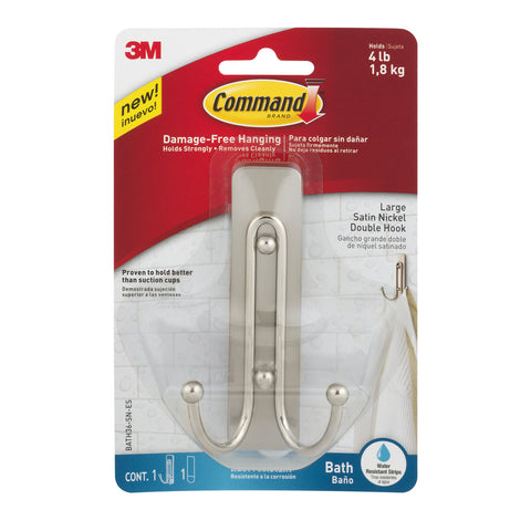 Command Double Bath Hook, Satin Nickel, 1 Large Hook, 1 Large Water-Resistant Strip/Pack