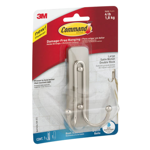 Command Double Bath Hook, Satin Nickel, 1 Large Hook, 1 Large Water-Resistant Strip/Pack
