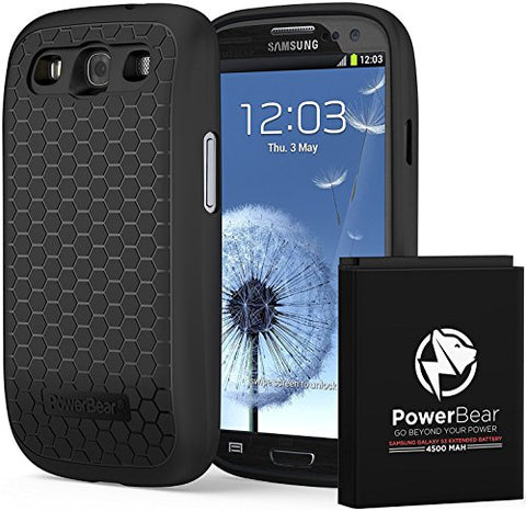 PowerBear Samsung Galaxy S3 Extended Battery [4500mAh] & Back Cover & Protective Case (Up to 2.2X Extra Battery Power) - Black [24 Month Warranty & Screen Protector Included]