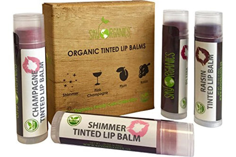 Organic Tinted Lip Balm by Sky Organics – 4 Pack Assorted Colors –- With Beeswax, Coconut Oil, Cocoa Butter, Vitamin E- Minty Lip Plumper for Dry, Chapped Lips- Tinted Lip...