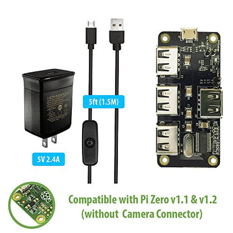 MakerSpot 4-Port Stackable USB Hub HAT for Raspberry Pi Zero V1.3 with Protector, 2.4A Power Supply, 1.5m Micro USB Cable with On Off Switch, WiFi Dongle, 8GB MicroSD Card, Pin Headers, HDMI Adapter