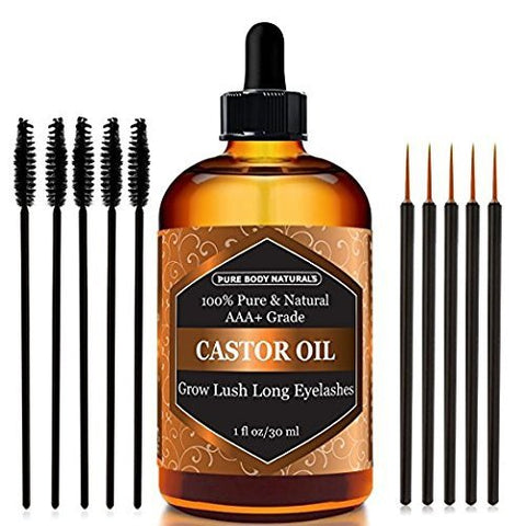 Organic Castor Oil for Eyelashes and Eyebrows by Pure Body Naturals, with Applicator Kit for Lashes & Eyebrow Growth